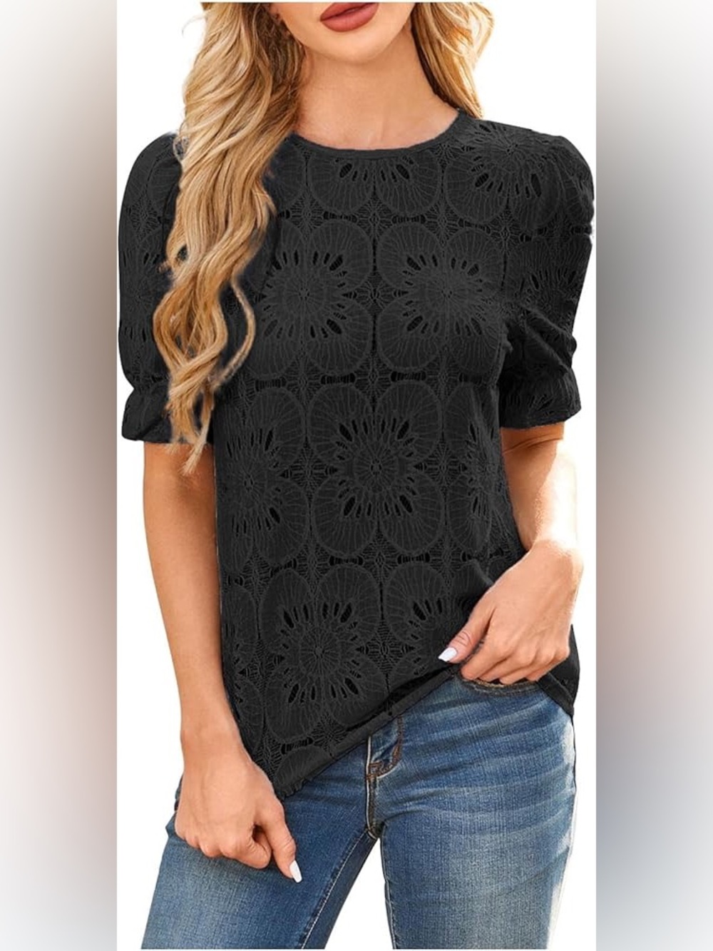 Women's Black Floral Lace Short Sleeve Blouse